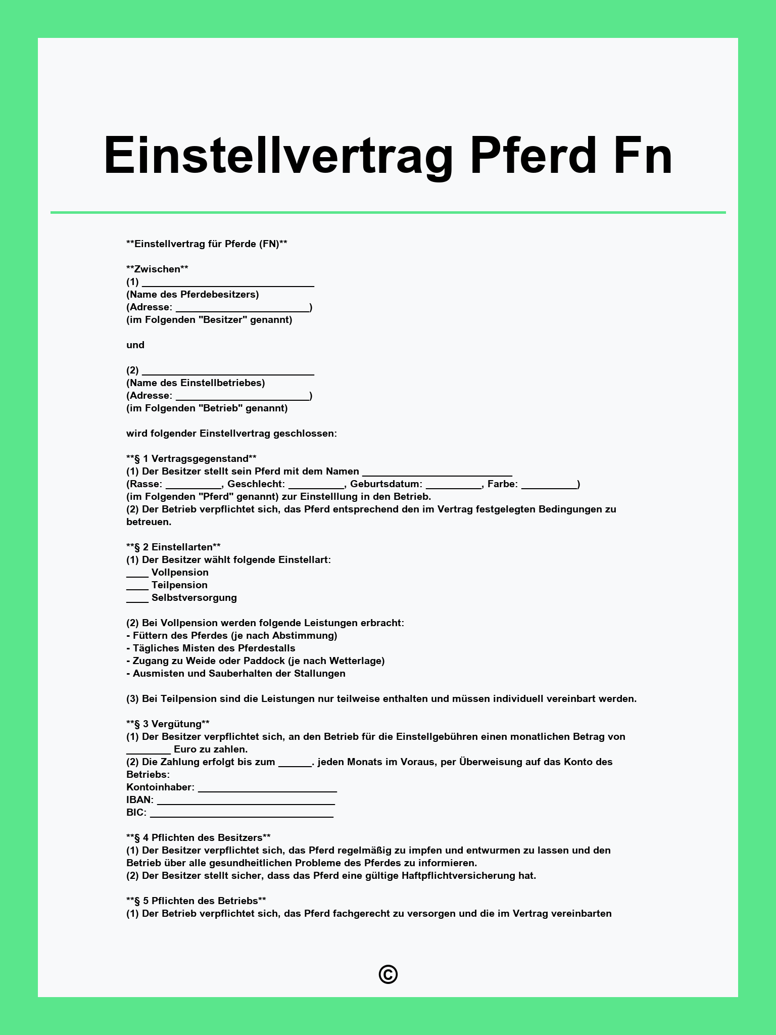 Einstellvertrag Pferd Fn