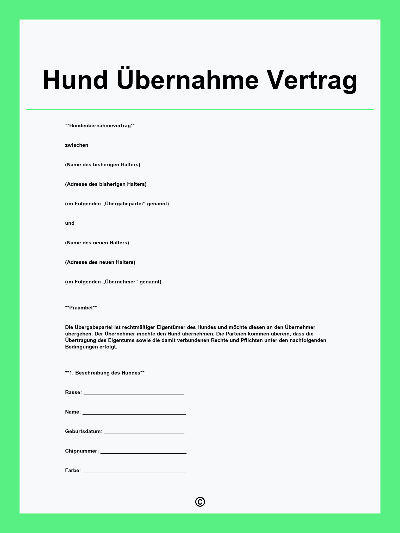 Hund Übernahme Vertrag