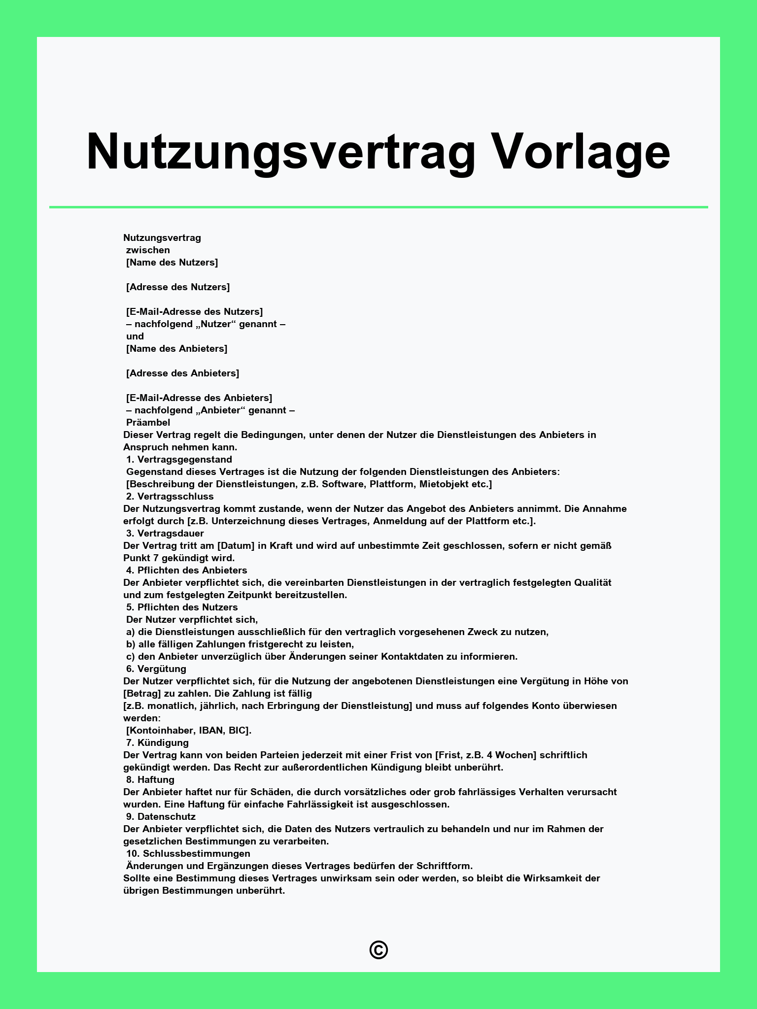 Nutzungsvertrag Vorlage