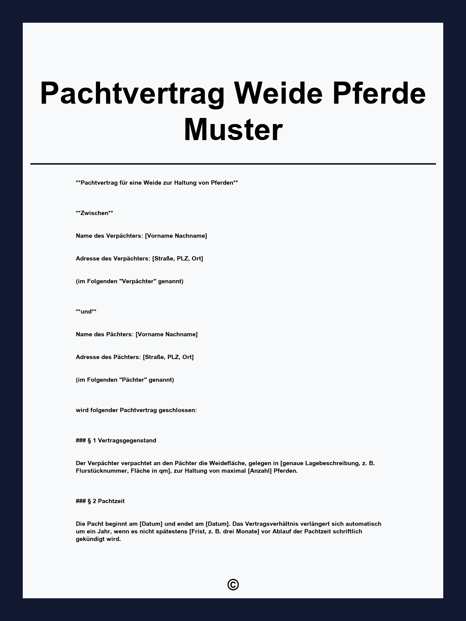 Pachtvertrag Weide Pferde Muster