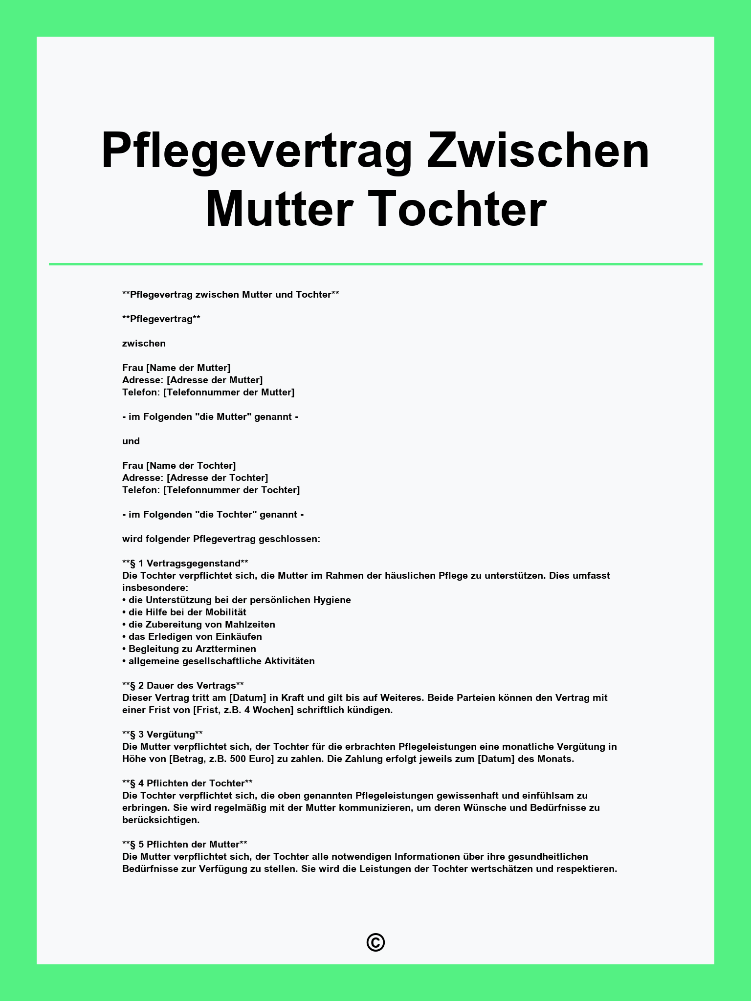 Pflegevertrag Zwischen Mutter Tochter