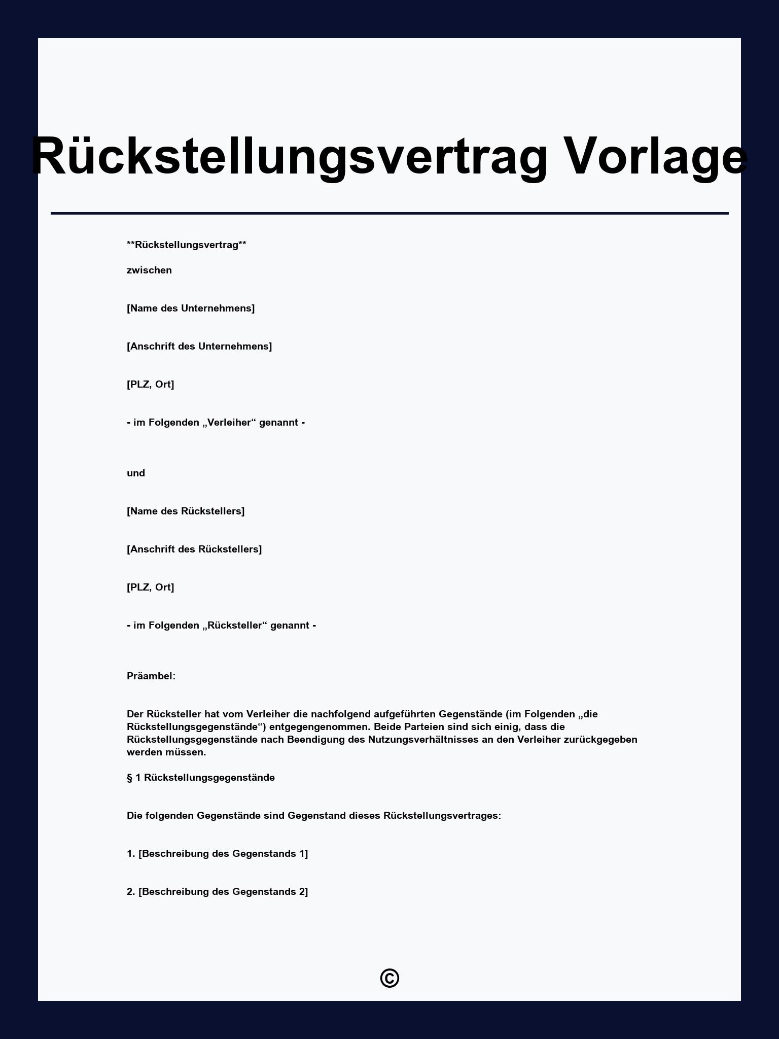 Rückstellungsvertrag Vorlage