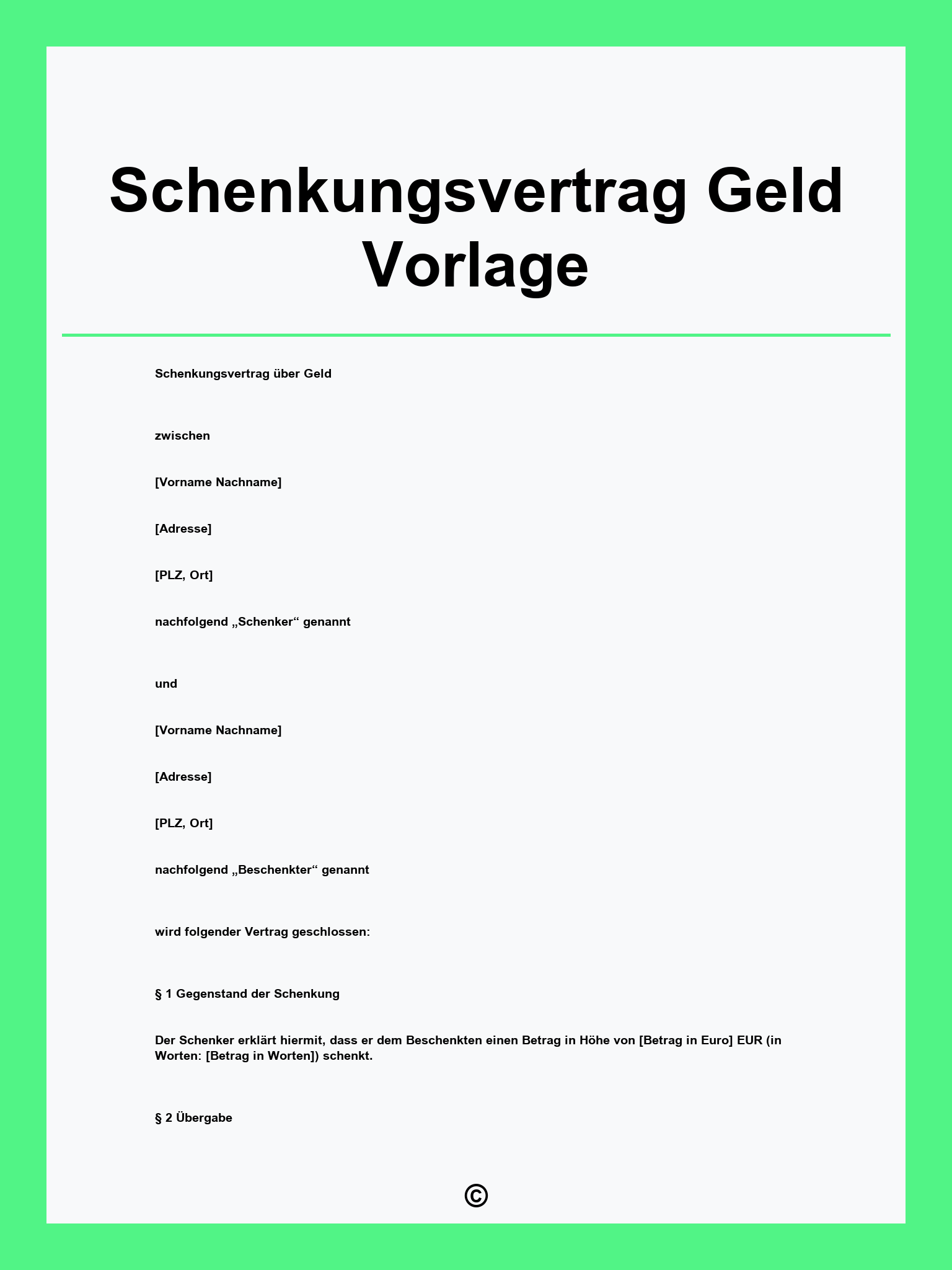 Schenkungsvertrag Geld Vorlage