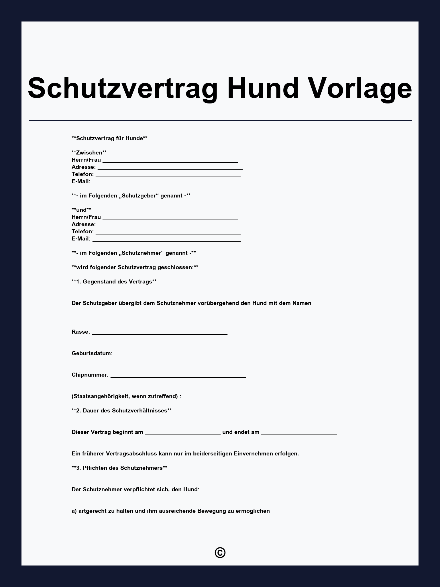 Schutzvertrag Hund Vorlage