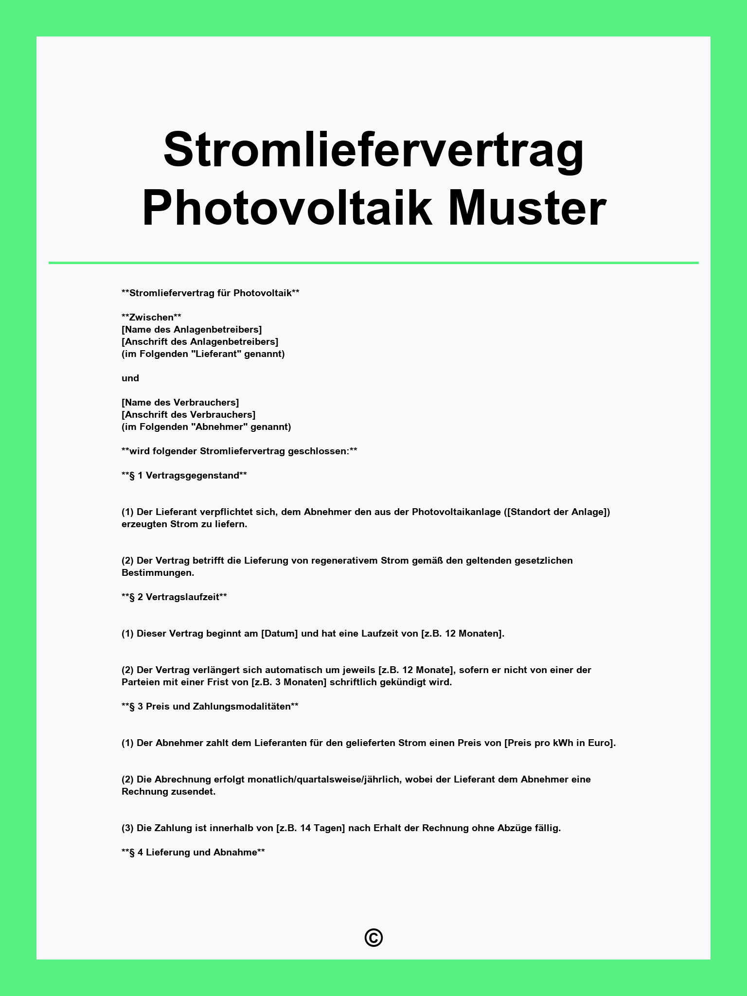Stromliefervertrag Photovoltaik Muster