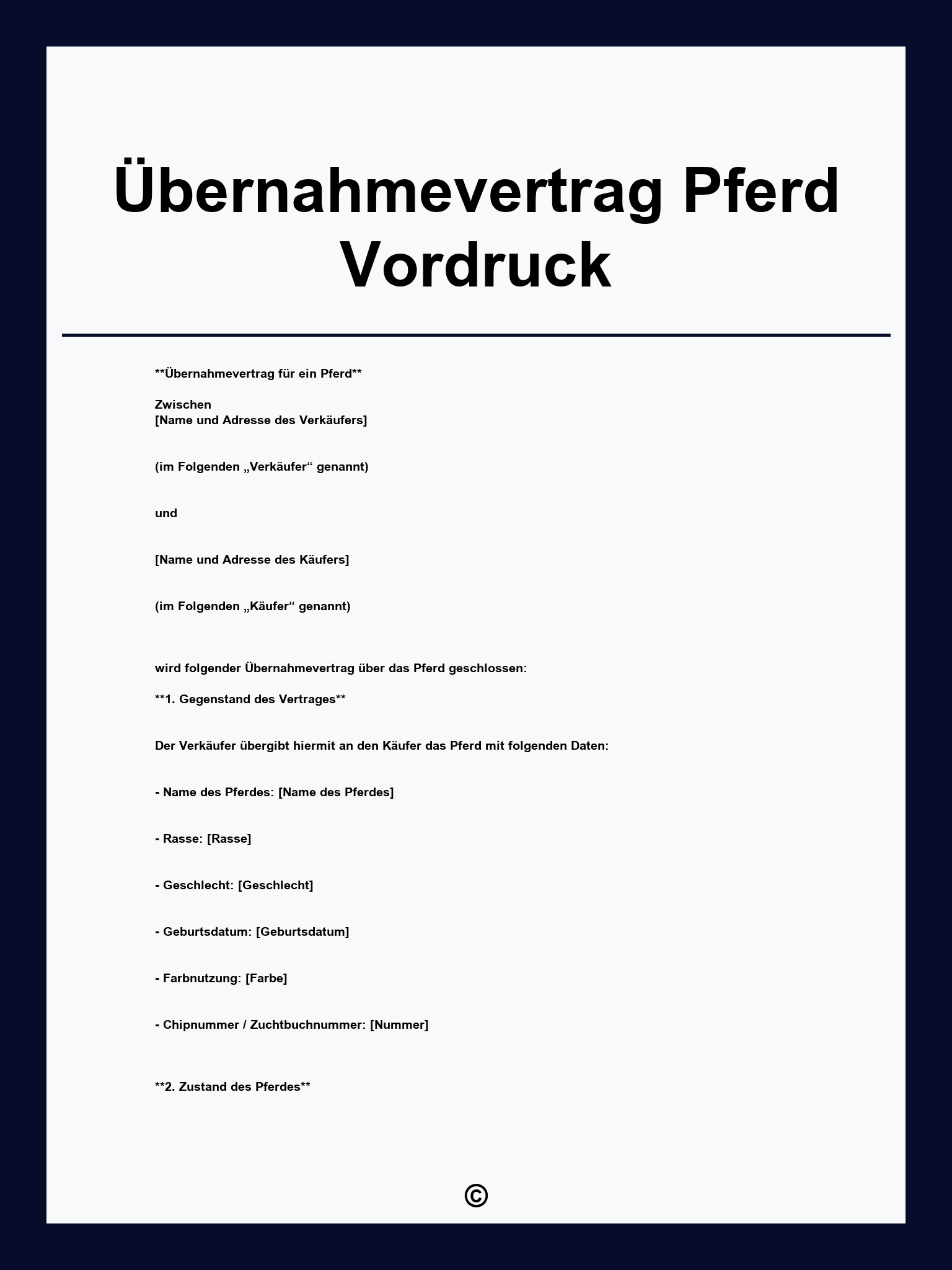 Übernahmevertrag Pferd Vordruck