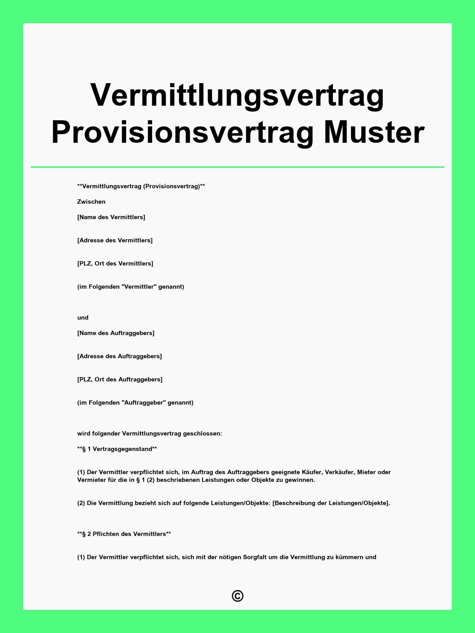 Vermittlungsvertrag Provisionsvertrag Muster